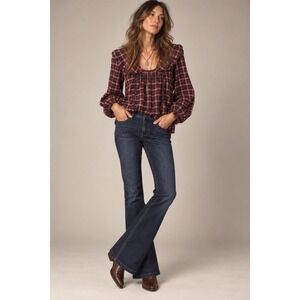 Indigo Poppy Plaid Ruffle Peasant Blouse Boho Folk Indie Bohemian Medium‎